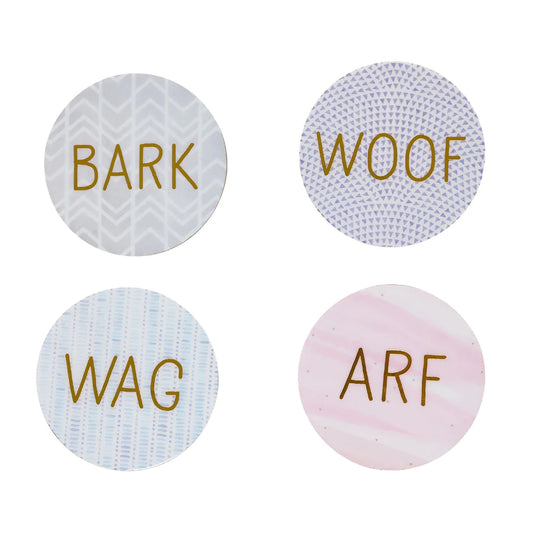 "Woof, Bark, Wag, Arf" Coaster Set