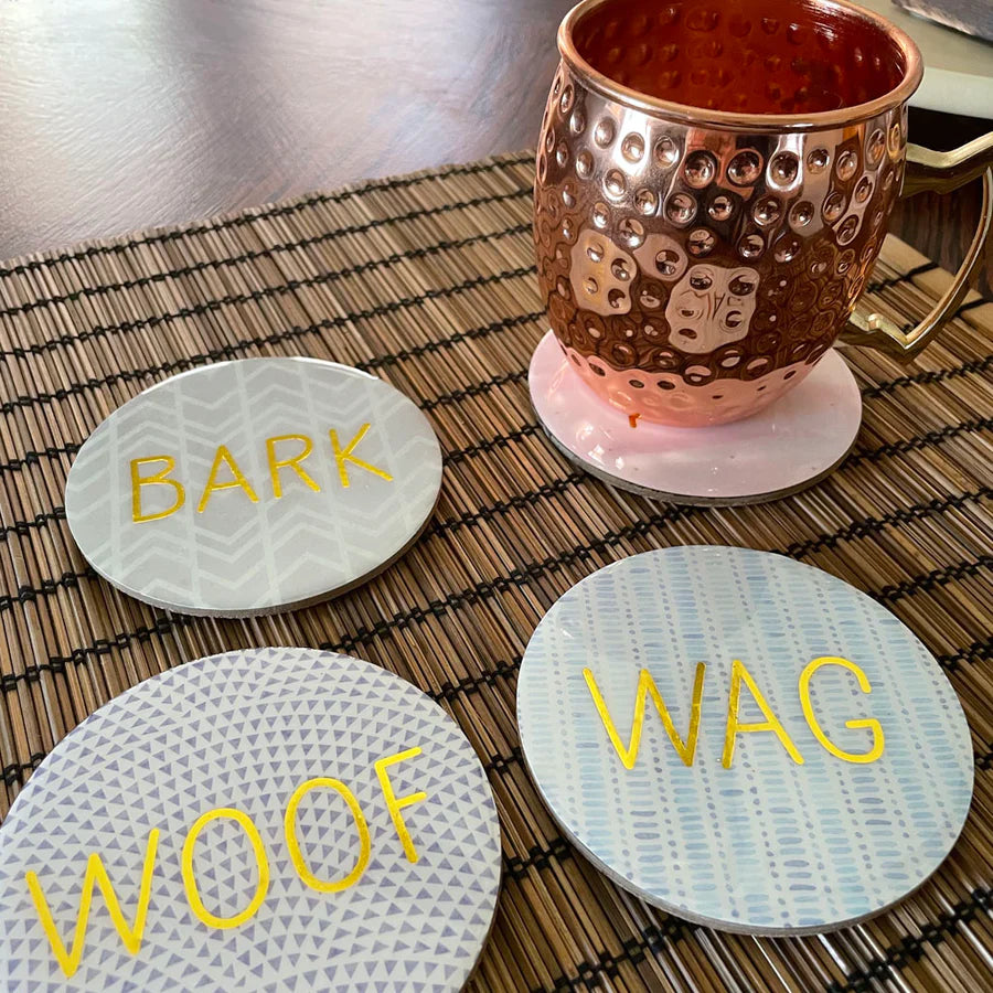 "Woof, Bark, Wag, Arf" Coaster Set